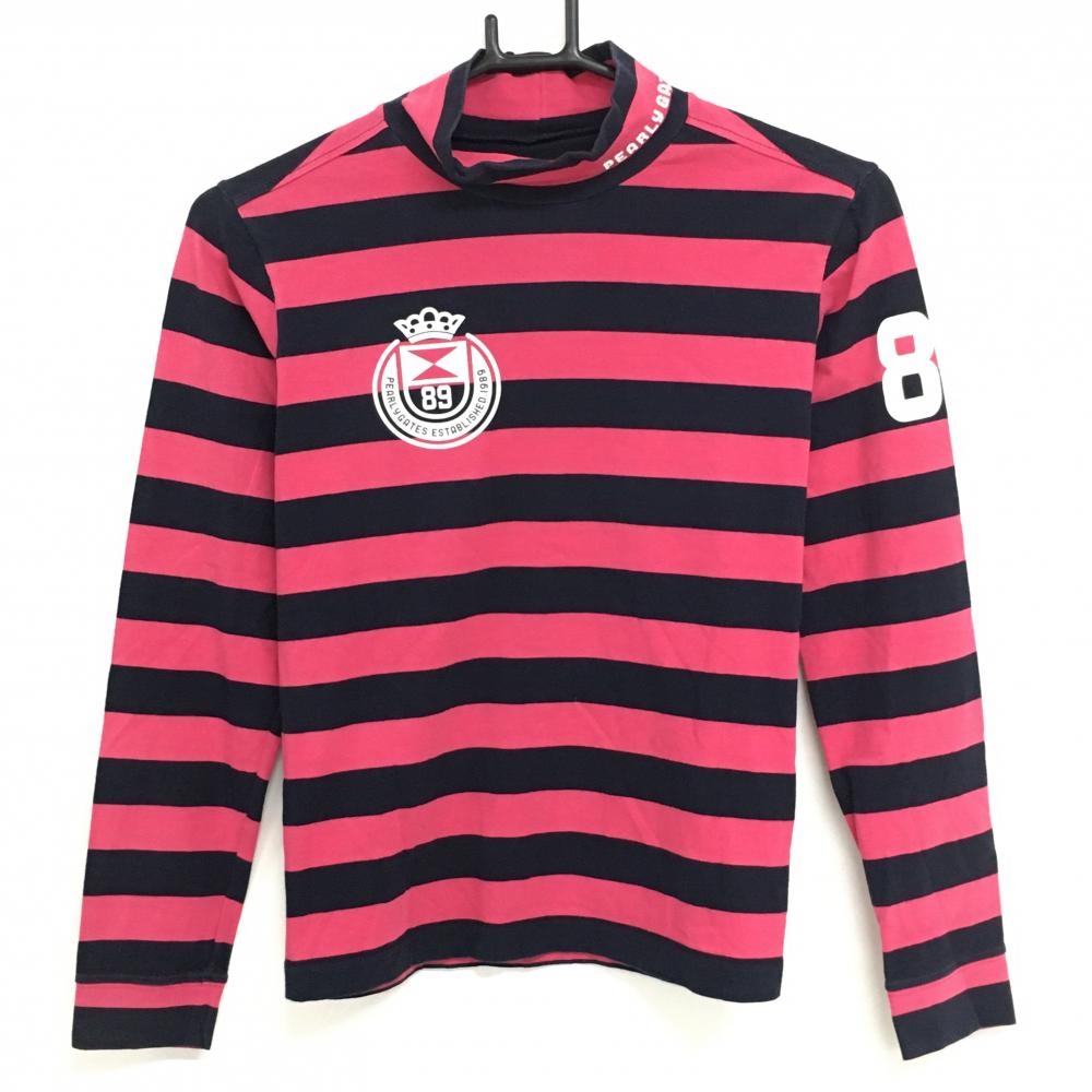 パーリーゲイツ 長袖ハイネックシャツ ピンク×ネイビー 太ボーダー コットン混 色褪せ レディース 0(S) ゴルフウェア PEARLY GATES