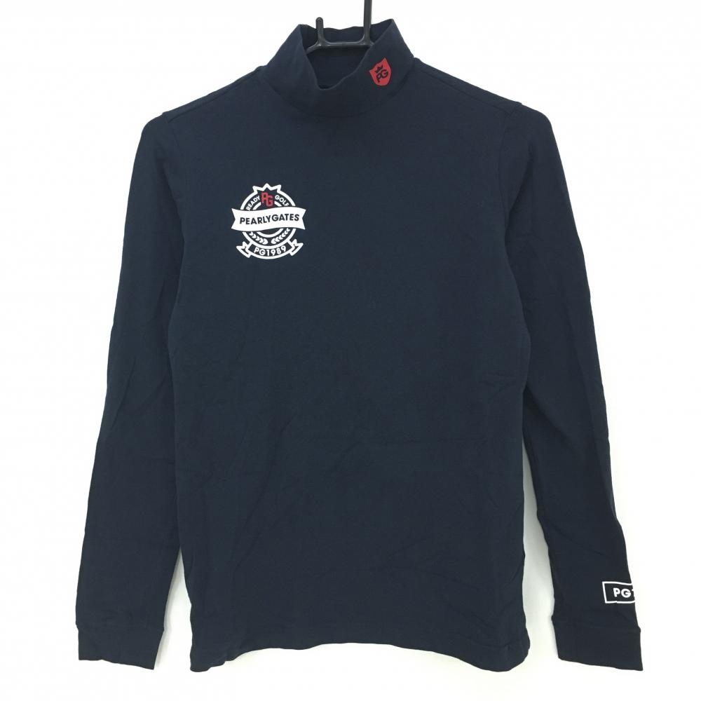 【美品】パーリーゲイツ 長袖ハイネックシャツ ネイビー×白 ネックロゴ レディース 1(M) ゴルフウェア PEARLY GATES