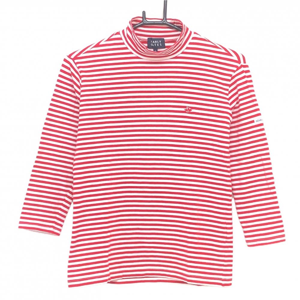 【美品】パーリーゲイツ 長袖ハイネックシャツ 白×レッド ボーダー 七分袖  レディース 1(M) ゴルフウェア PEARLY GATES