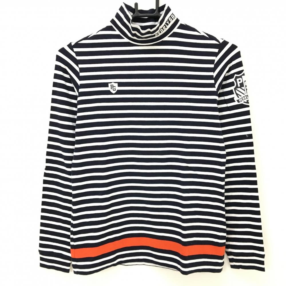 【美品】パーリーゲイツ 長袖ハイネックシャツ ネイビー×白 ボーダー  レディース 1(M) ゴルフウェア PEARLY GATES
