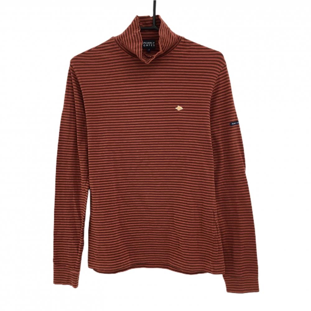 パーリーゲイツ 長袖ハイネックシャツ ブラウン×オレンジ系 ボーダー 胸ロゴ  レディース 2(L) ゴルフウェア PEARLY GATES