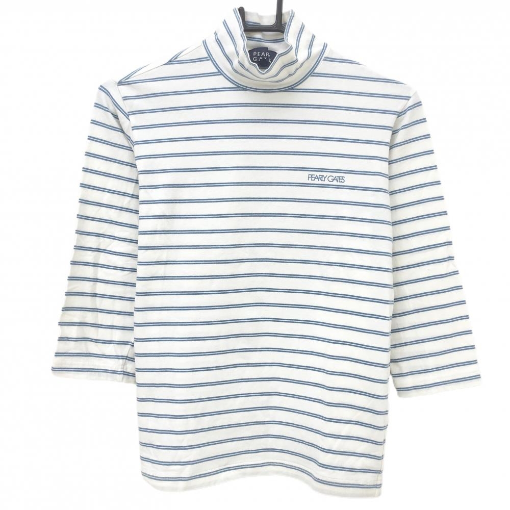 パーリーゲイツ 長袖ハイネックシャツ 白×スモーキーブルー系 ボーダー 七分袖 レディース 2(L) ゴルフウェア PEARLY GATES