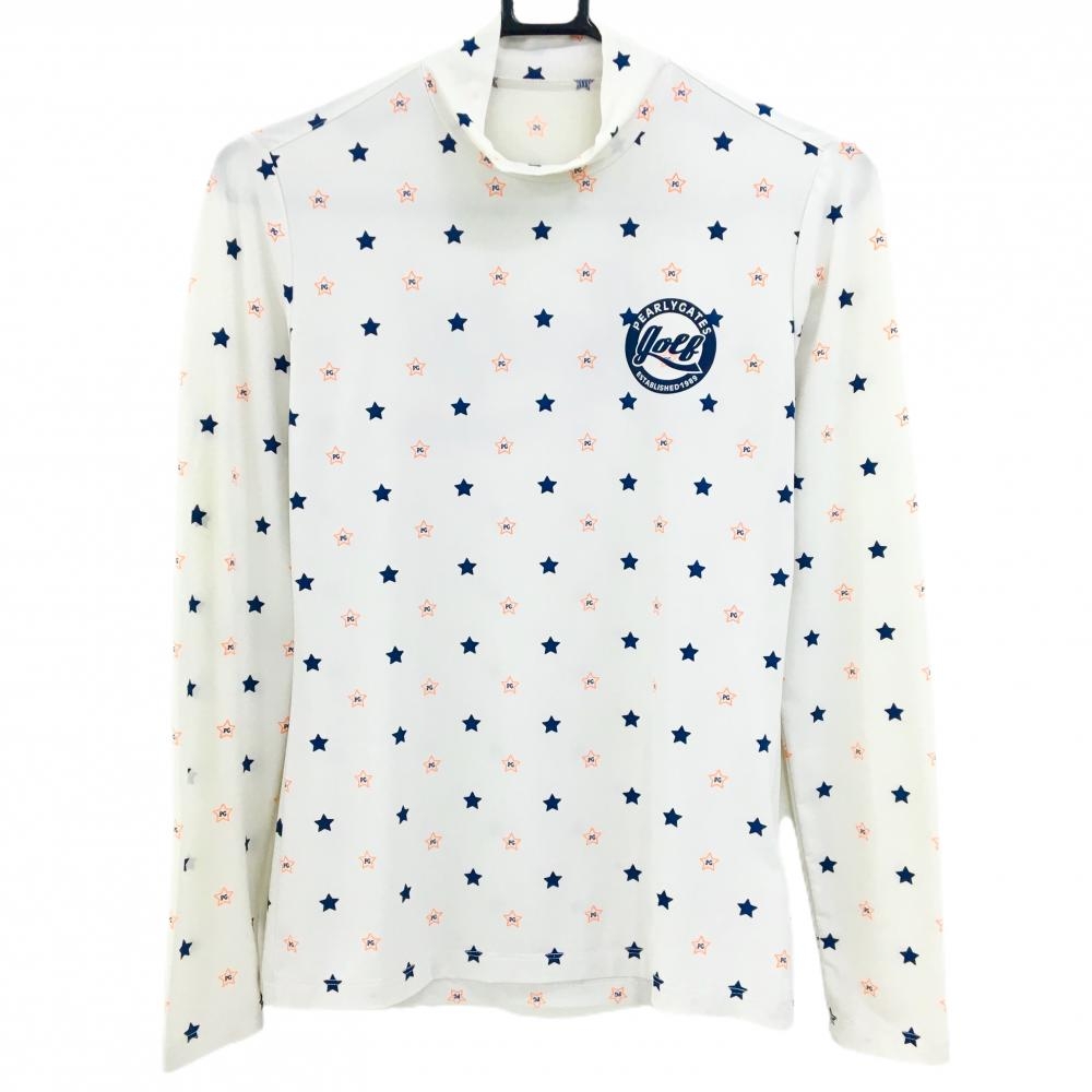 パーリーゲイツ 長袖ハイネックシャツ 白×ネイビー 星総柄 レディース 1(M) ゴルフウェア PEARLY GATES