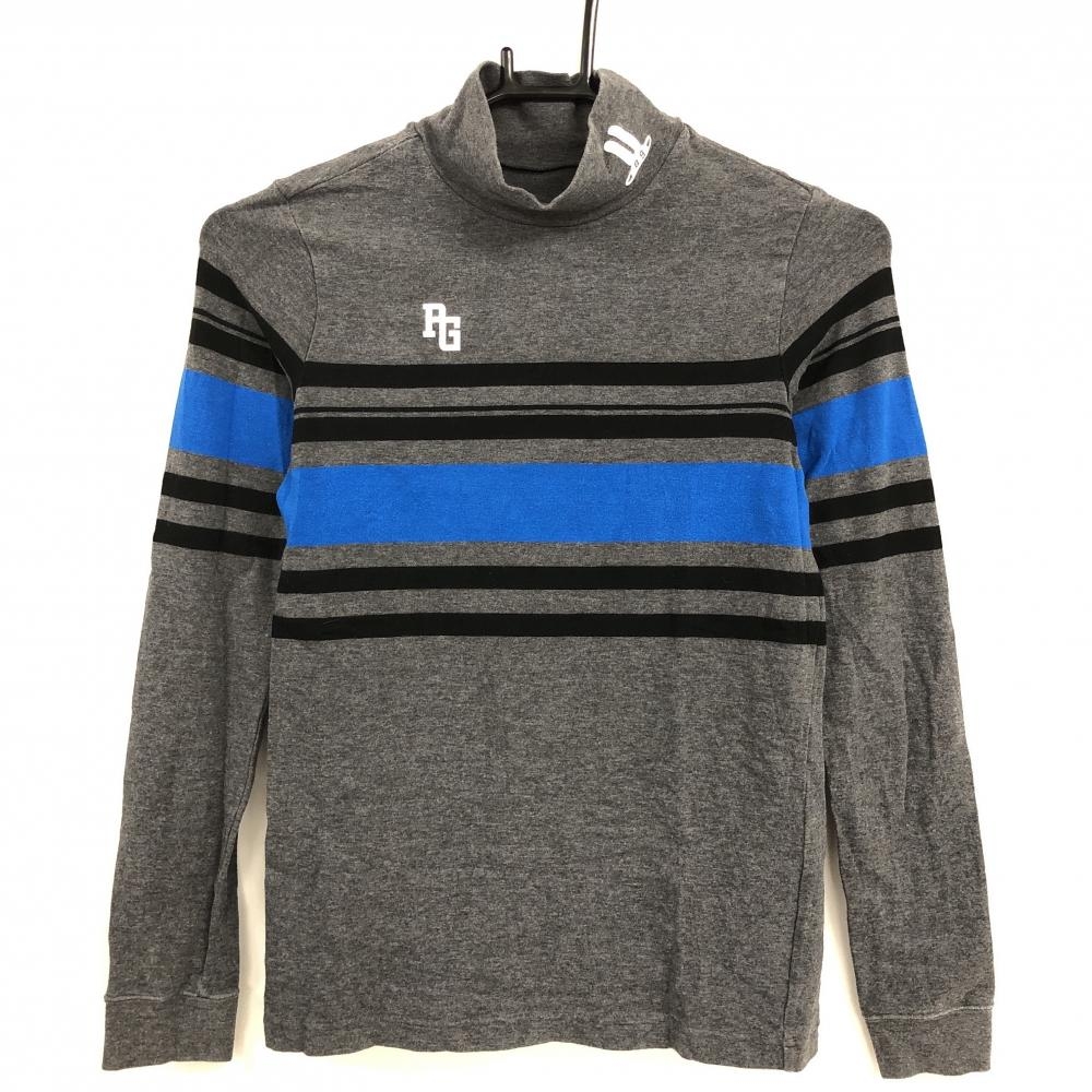 【美品】パーリーゲイツ 長袖ハイネックシャツ グレー×ブルー×黒 一部ボーダー コットン混  レディース 0(S) ゴルフウェア PEARLY GATES