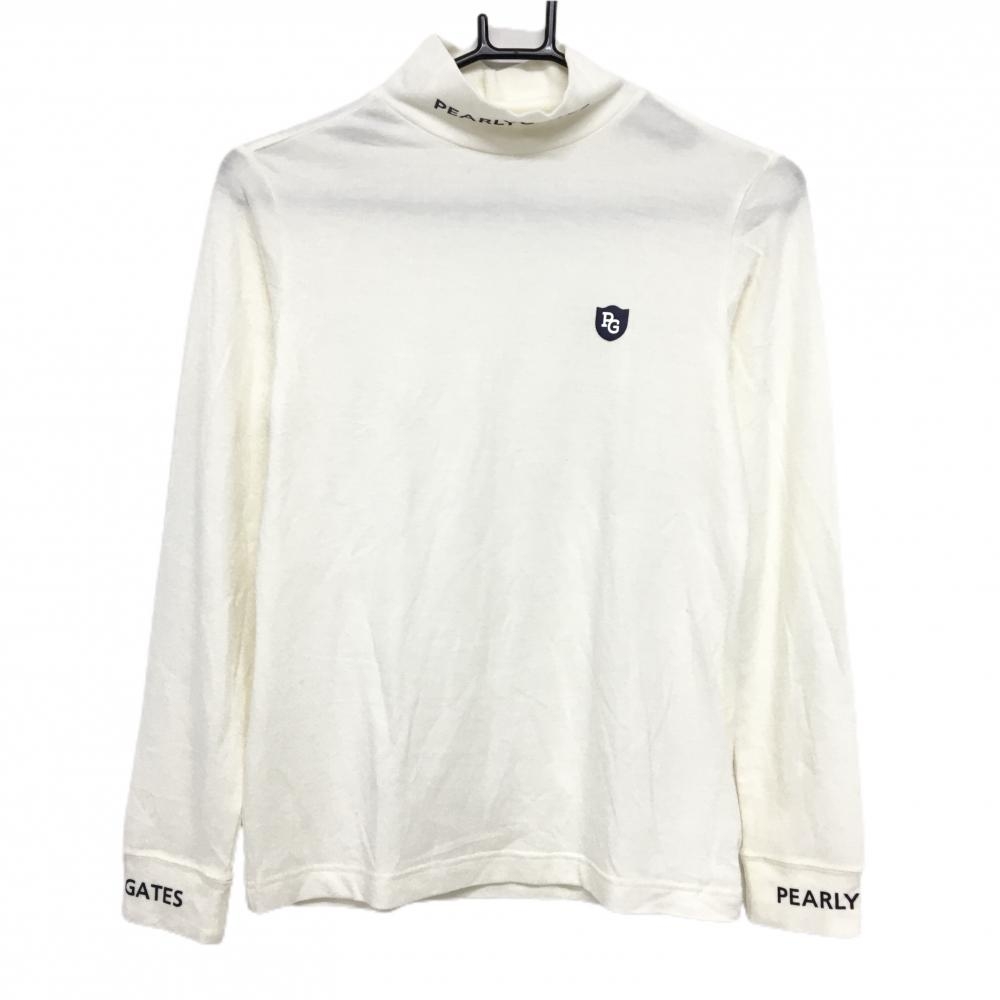 【美品】パーリーゲイツ 長袖ハイネックシャツ 白×ネイビー 表微起毛 レディース 0(S) ゴルフウェア PEARLY GATES