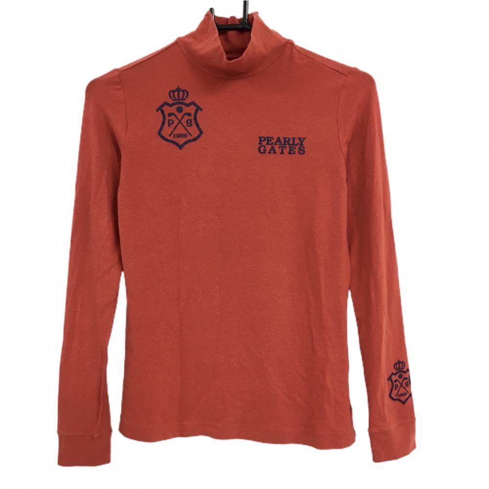 パーリーゲイツ 長袖ハイネックシャツ オレンジレッド系×ネイビー 微起毛 ロゴプリント  レディース 0(S) ゴルフウェア PEARLY GATES