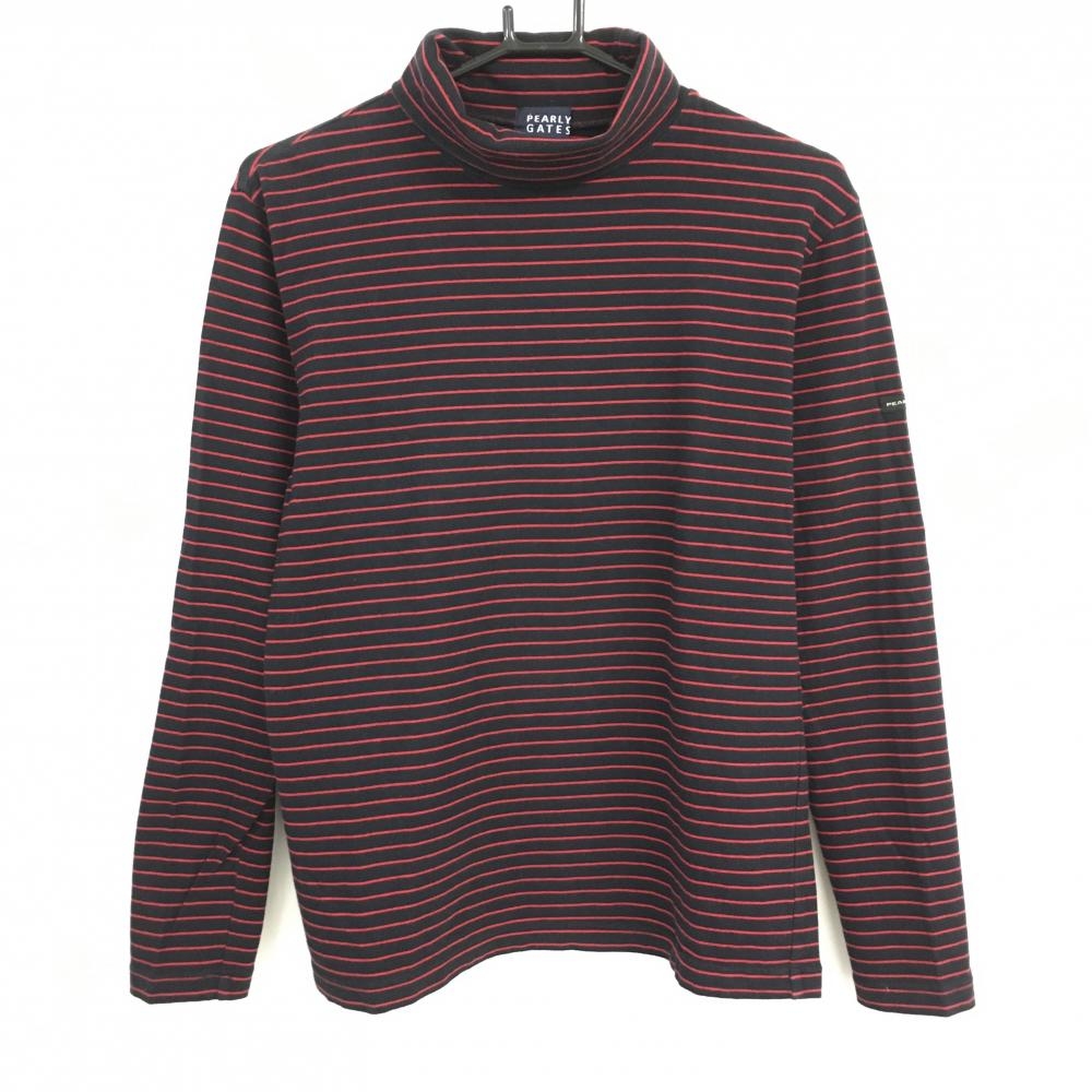 パーリーゲイツ 長袖ハイネックシャツ 黒×レッド ボーダー レディース 2(L) ゴルフウェア PEARLY GATES