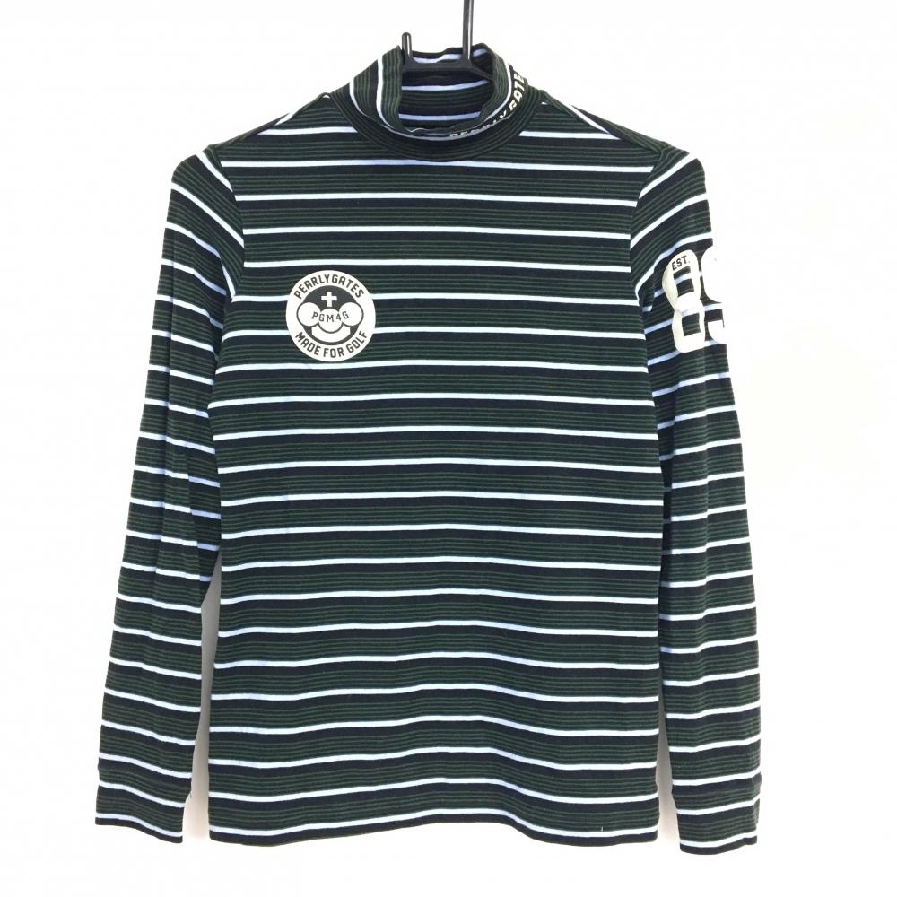 【美品】パーリーゲイツ 長袖ハイネックシャツ 黒×ダークグリーン×ライトブルー ボーダー レディース 1(M) ゴルフウェア PEARLY GATES