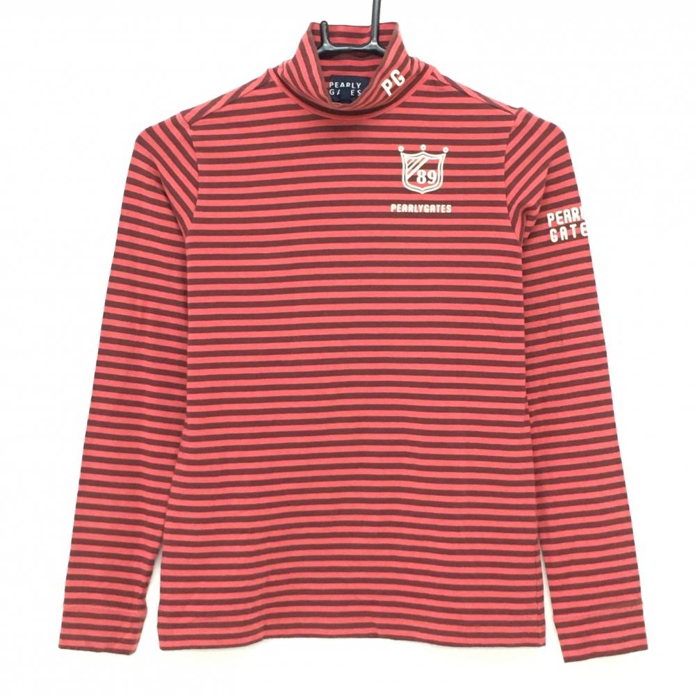 パーリーゲイツ 長袖ハイネックシャツ レッド系×ブラウン ボーダー ストレッチ  レディース 0(S) ゴルフウェア PEARLY GATES