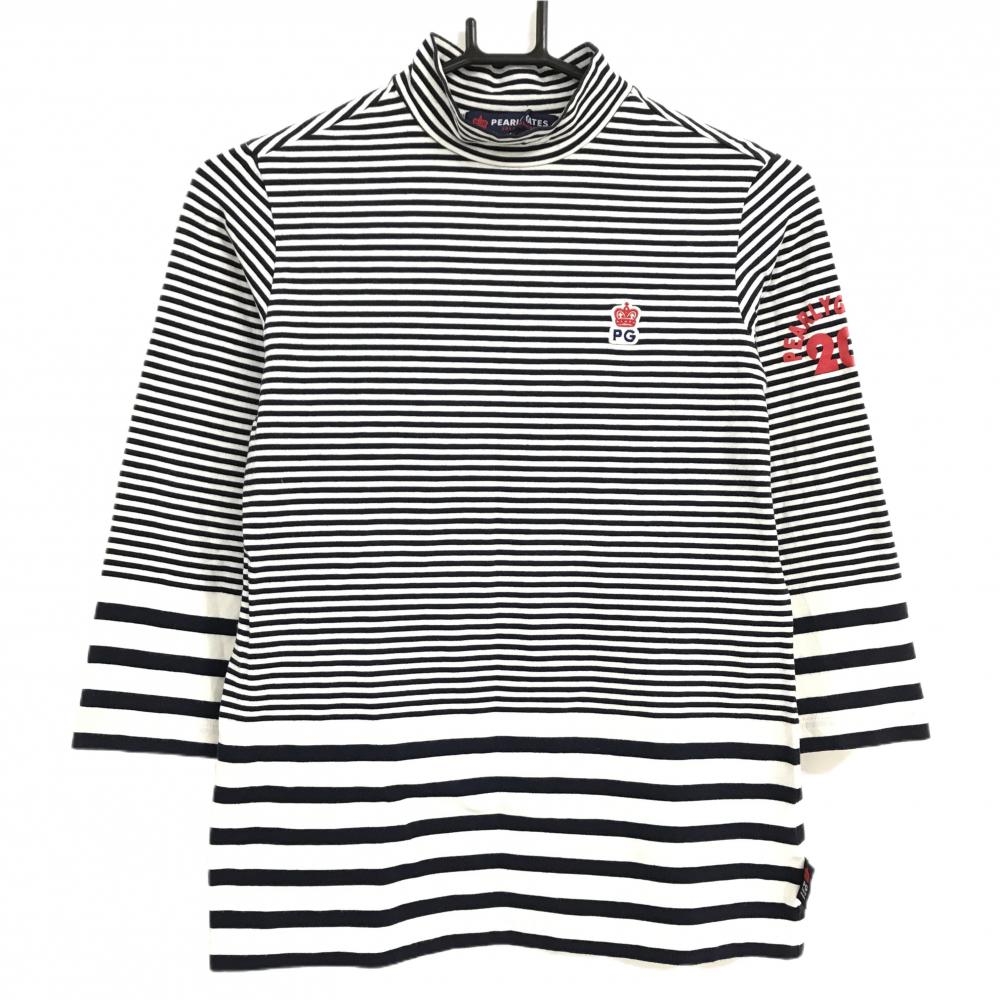 【美品】パーリーゲイツ 七分袖ハイネックシャツ ネイビー×白 ボーダー ストレッチ レディース 1(M) ゴルフウェア PEARLY GATES