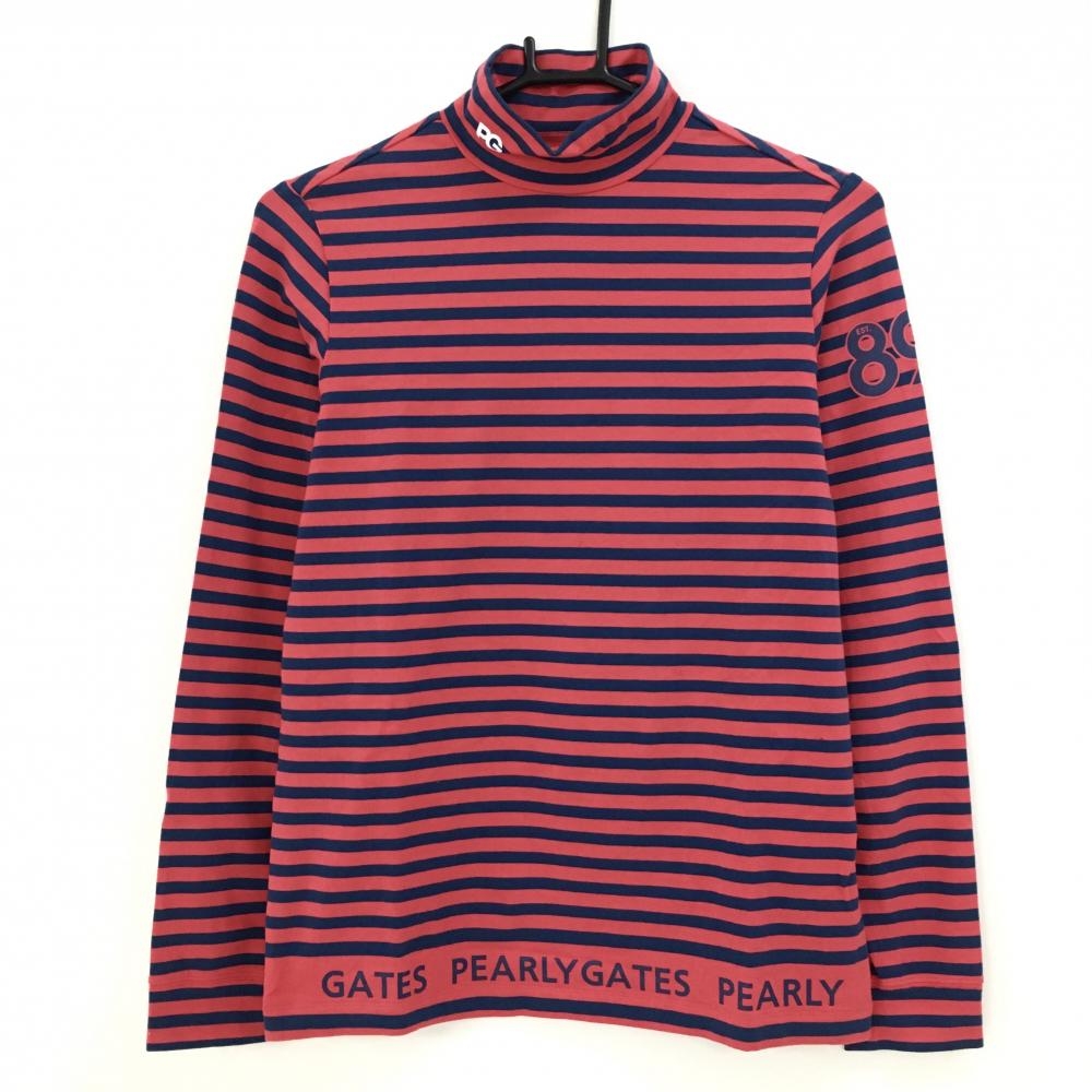 【超美品】パーリーゲイツ 長袖ハイネックシャツ レッド×ネイビー ボーダー ストレッチ  レディース 2(L) ゴルフウェア PEARLY GATES