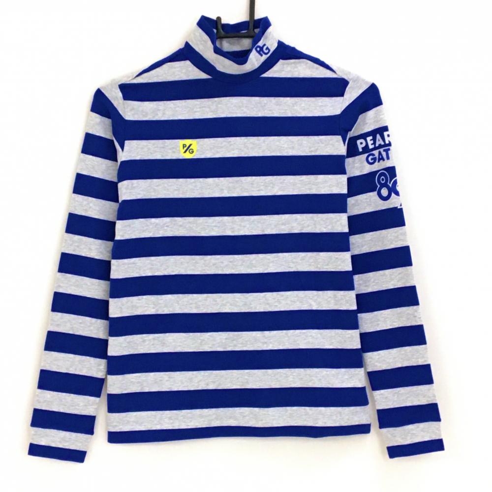 【新品】パーリーゲイツ 長袖ハイネックシャツ ブルー×杢ネイビー ボーダー ロゴプリント レディース 0(S) ゴルフウェア PEARLY GATES