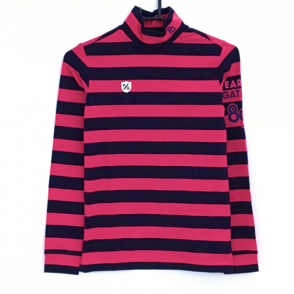 【新品】パーリーゲイツ 長袖ハイネックシャツ レッドピンク×ネイビー ボーダー ロゴプリント レディース 0(S) ゴルフウェア PEARLY GATES