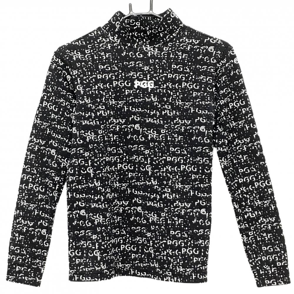 【超美品】PGGパーリーゲイツ 長袖ハイネックシャツ 黒系×白 ロゴ総柄 レディース 0(S) ゴルフウェア PEARLY GATES