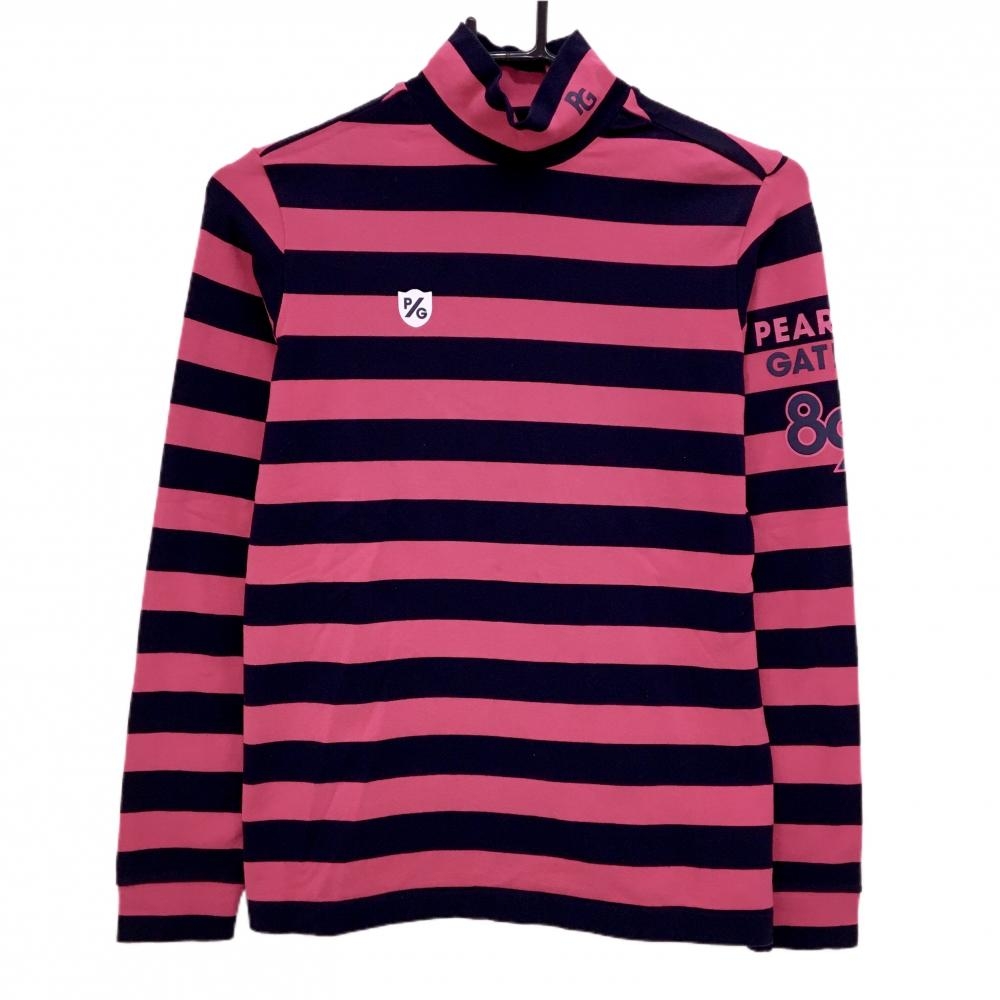 【美品】パーリーゲイツ 長袖ハイネックシャツ ピンク×黒 ボーダー コットン混  レディース 1(M) ゴルフウェア PEARLY GATES