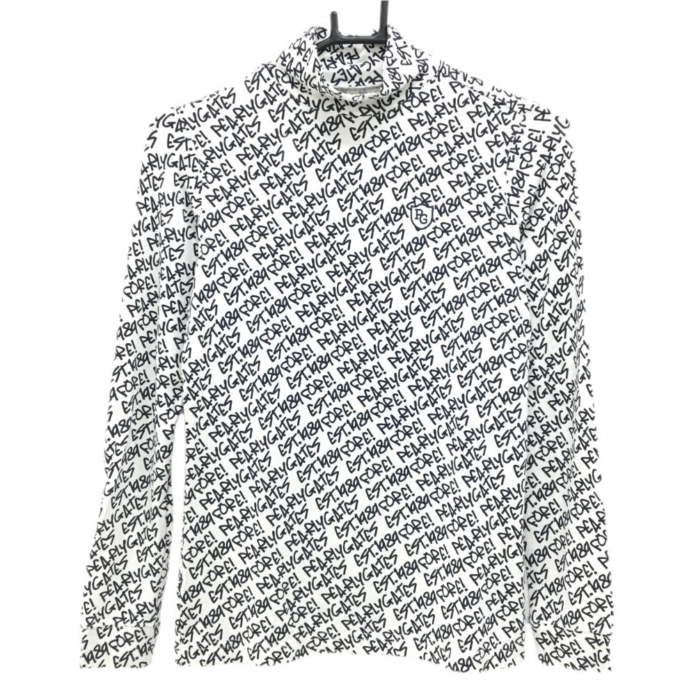 【超美品】パーリーゲイツ 長袖ハイネックシャツ 白×ネイビー ロゴ総柄  レディース 0(S) ゴルフウェア PEARLY GATES