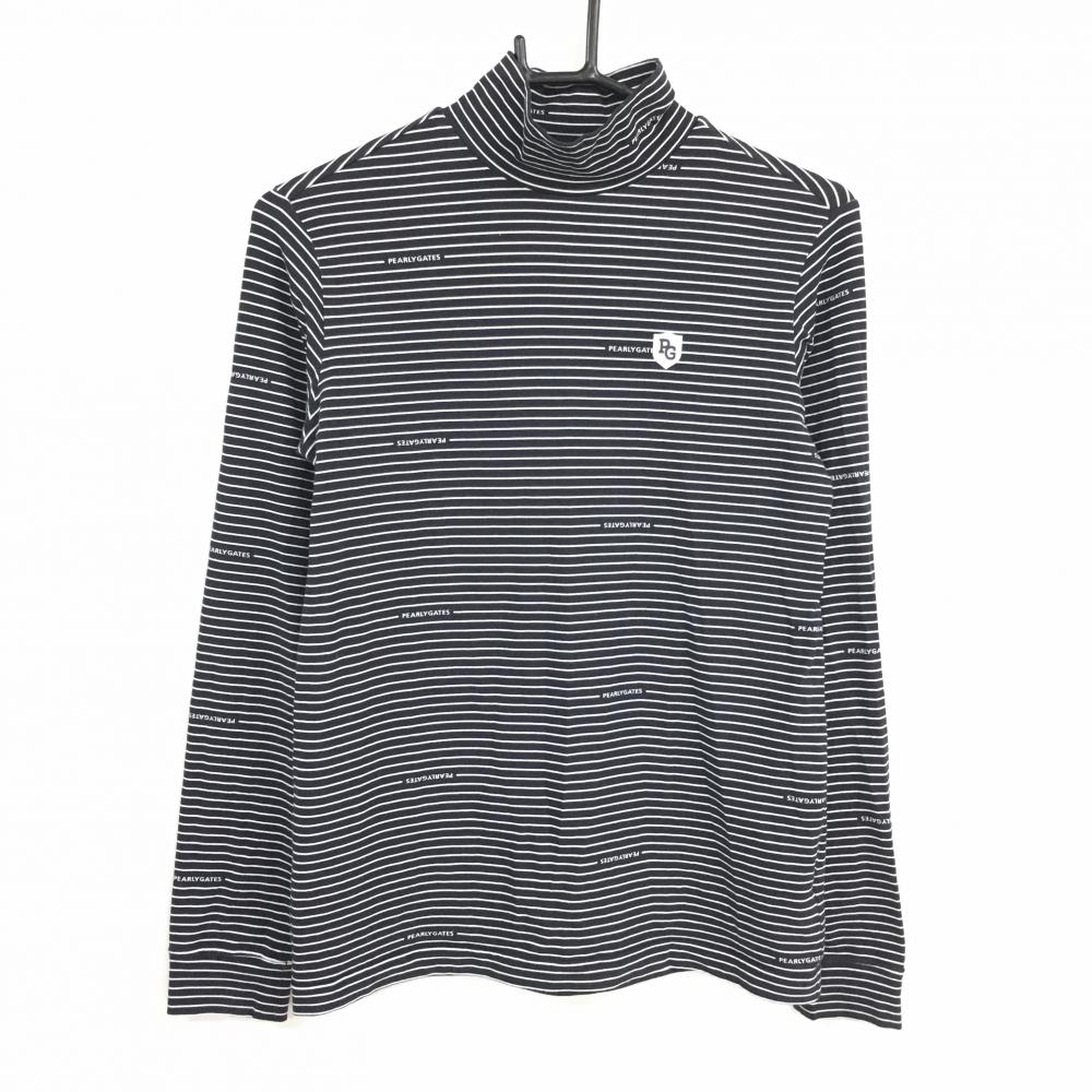 【美品】パーリーゲイツ 長袖ハイネックシャツ ネイビー×白 ボーダー コットン混 レディース 1(M) ゴルフウェア PEARLY GATES