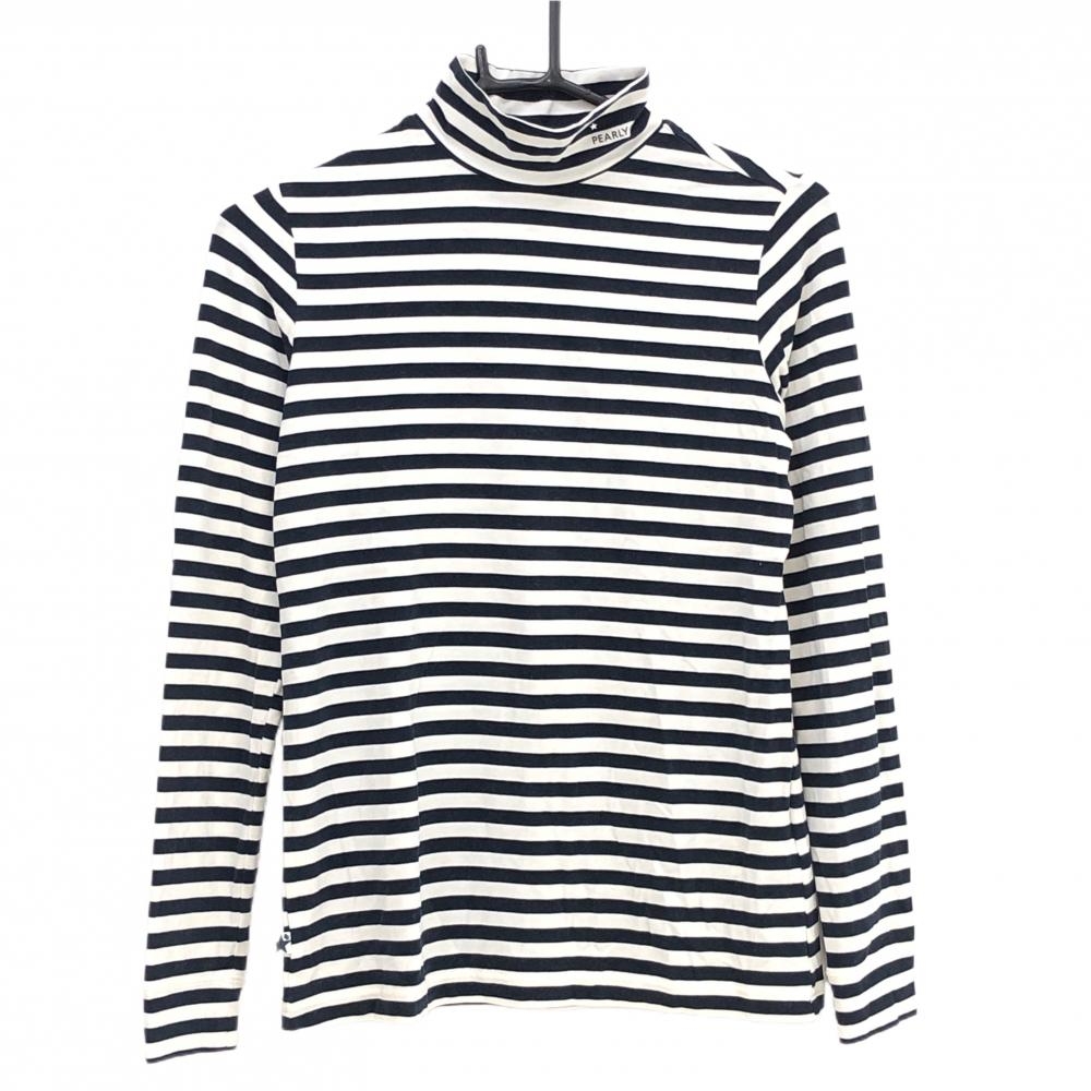 【超美品】パーリーゲイツ 長袖ハイネックシャツ ネイビー×白 ボーダー ストレッチ 微起毛  レディース 0(S) ゴルフウェア PEARLY GATES