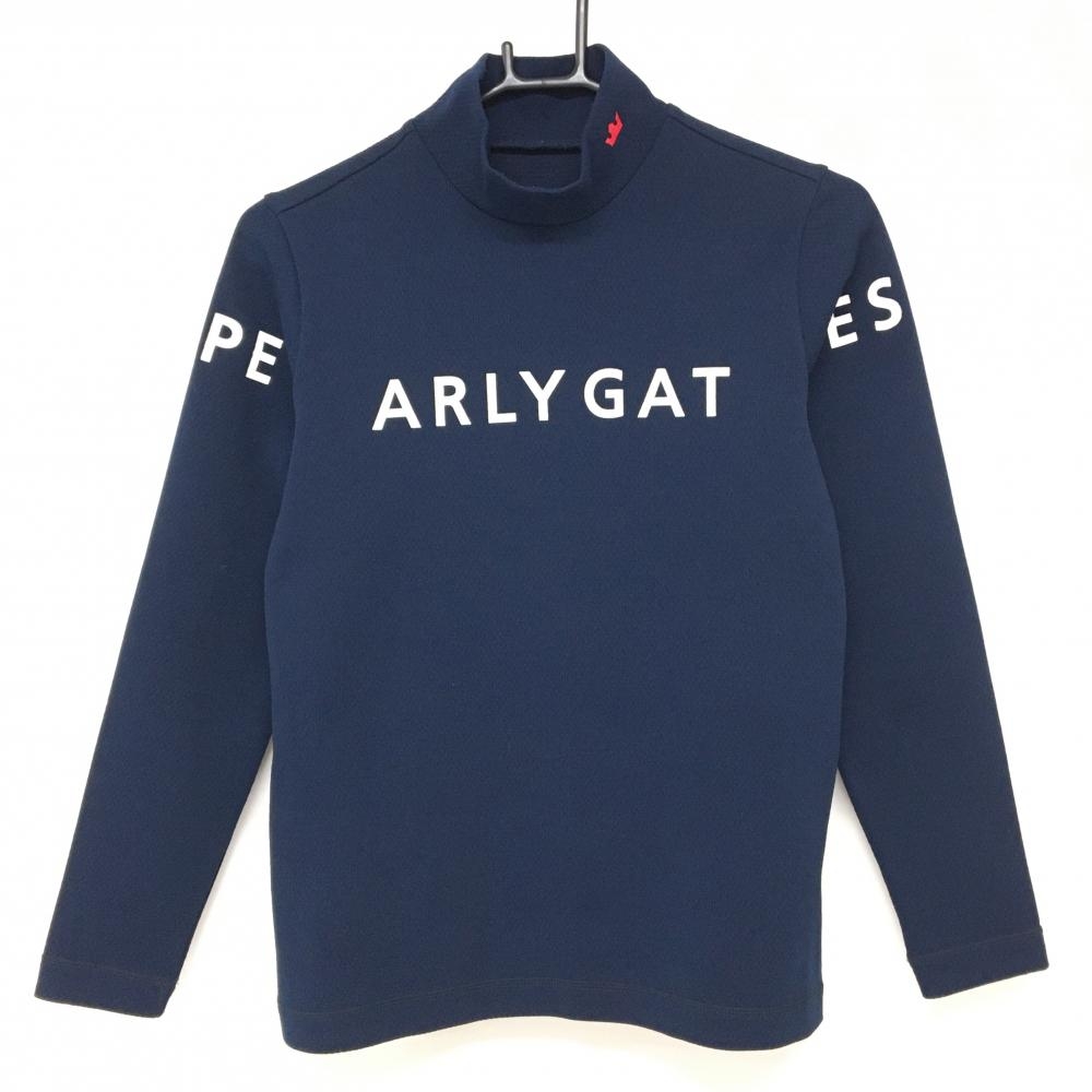 【美品】パーリーゲイツ 長袖ハイネックシャツ ネイビー×白 ロゴプリント  レディース 1(M) ゴルフウェア PEARLY GATES