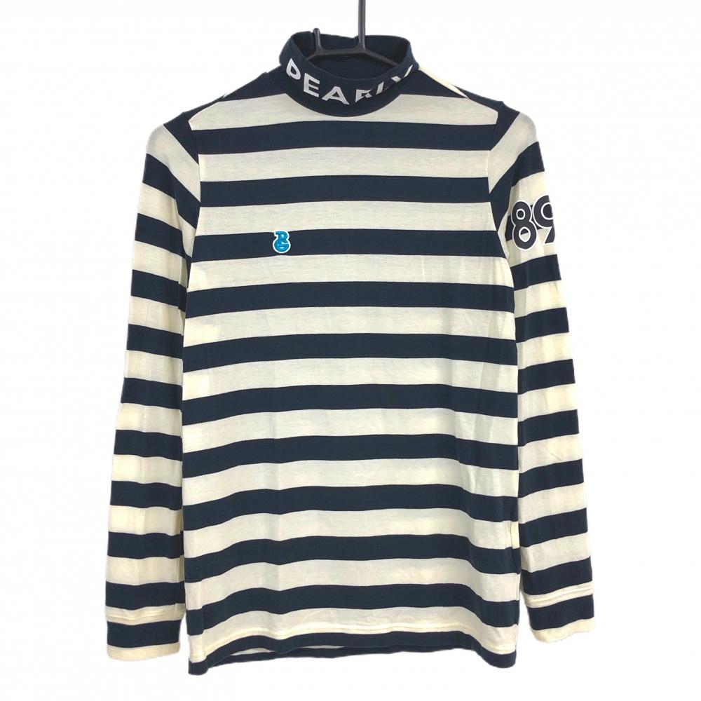 【超美品】パーリーゲイツ 長袖ハイネックシャツ ネイビー×白 ボーダー ネックロゴ レディース 1(M) ゴルフウェア PEARLY GATES
