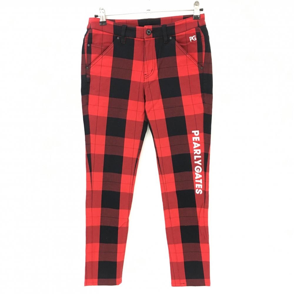 【超美品】パーリーゲイツ パンツ レッド×黒 チェック ストレッチ ロゴプリント レディース 1(M) ゴルフウェア PEARLY GATES