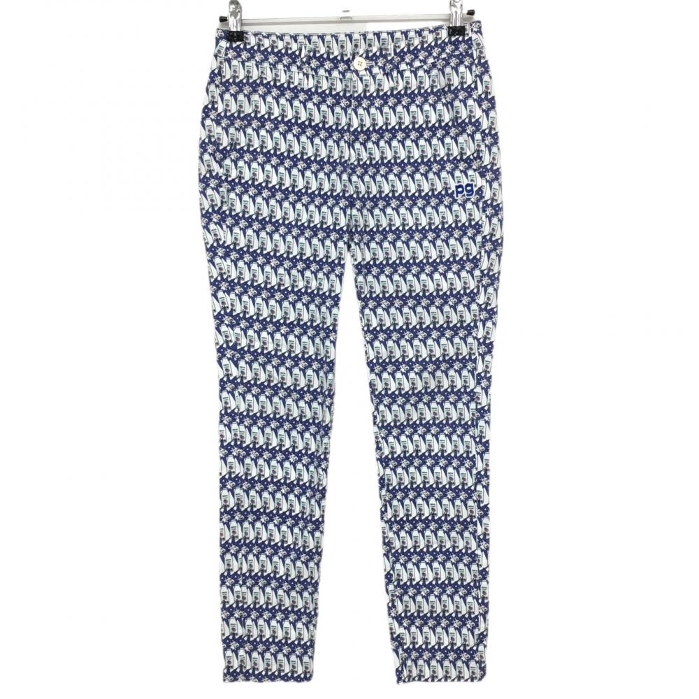 【美品】パーリーゲイツ パンツ ブルー×白 ボトル柄 コットン混 レディース 0(S) ゴルフウェア PEARLY GATES