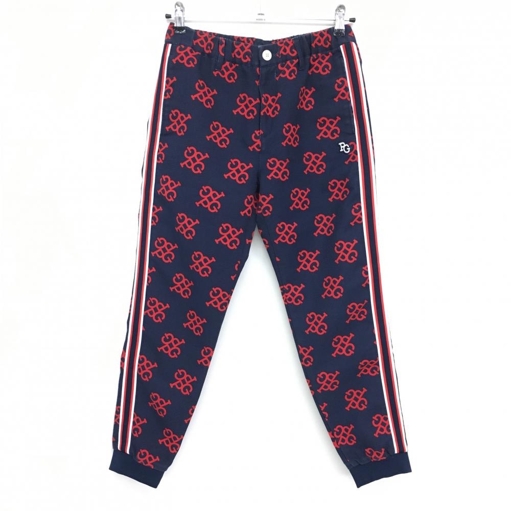 【美品】パーリーゲイツ ジョガーパンツ ネイビー×レッド ロゴ総柄 30周年 裏地ニコちゃん レディース 0(S) ゴルフウェア PEARLY GATES