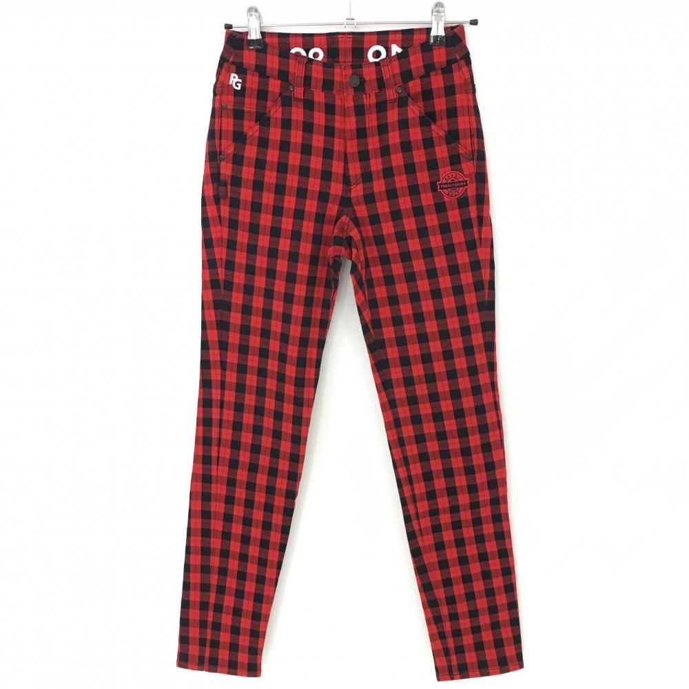 【超美品】パーリーゲイツ パンツ レッド×黒 チェック 後ロゴ刺しゅう レディース 00(XS) ゴルフウェア PEARLY GATES