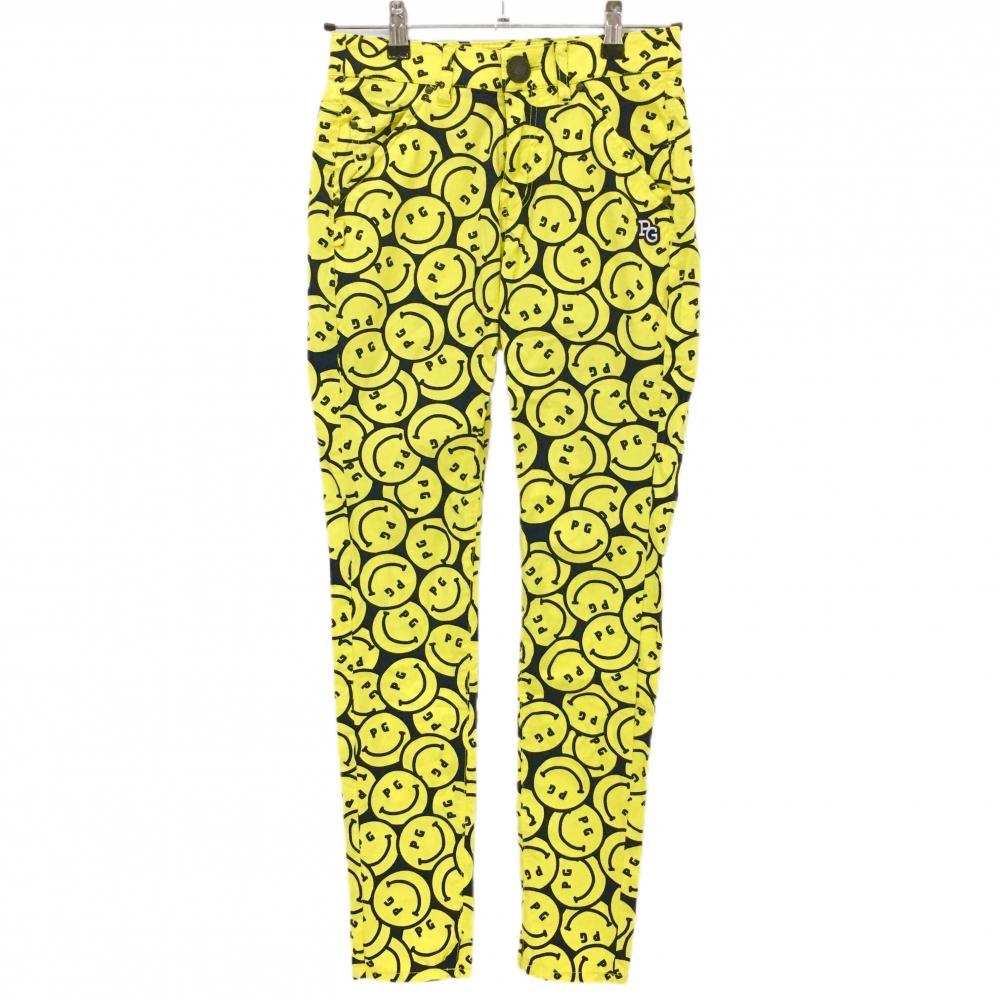 【美品】パーリーゲイツ パンツ イエロー×ネイビー ニコちゃん総柄 スマイル ストレッチ レディース 00(XS) ゴルフウェア PEARLY GATES