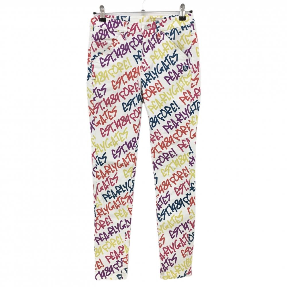 パーリーゲイツ パンツ 白×マルチカラー ロゴ総柄 レディース 0(S) ゴルフウェア PEARLY GATES