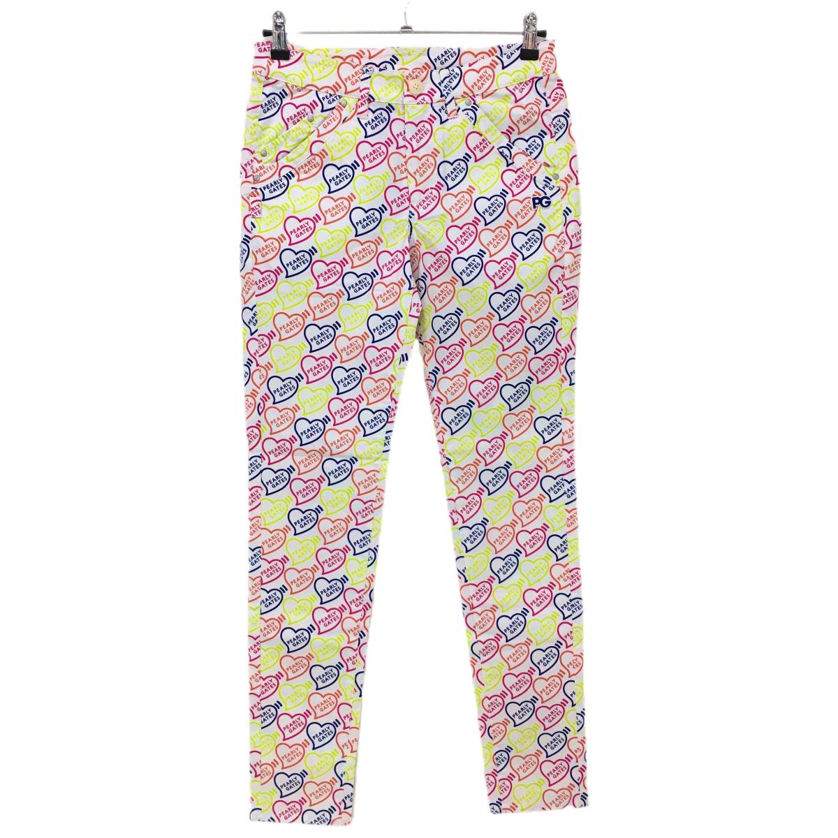 【新品】パーリーゲイツ パンツ 白×マルチカラー ハート柄 ロゴ ストレッチ レディース 1(M) ゴルフウェア PEARLY GATES