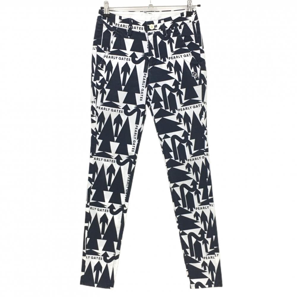 【美品】パーリーゲイツ パンツ 白×ネイビー 総柄 矢印 地模様 ストレッチ レディース 0(S) ゴルフウェア PEARLY GATES