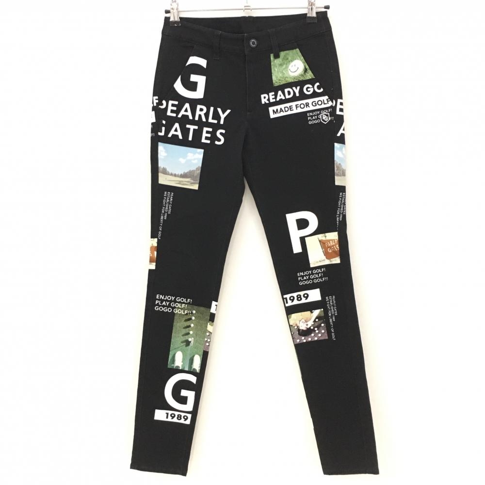 【美品】パーリーゲイツ パンツ 黒×白 総柄 ゴルフ ストレッチ レディース 0(S) ゴルフウェア PEARLY GATES