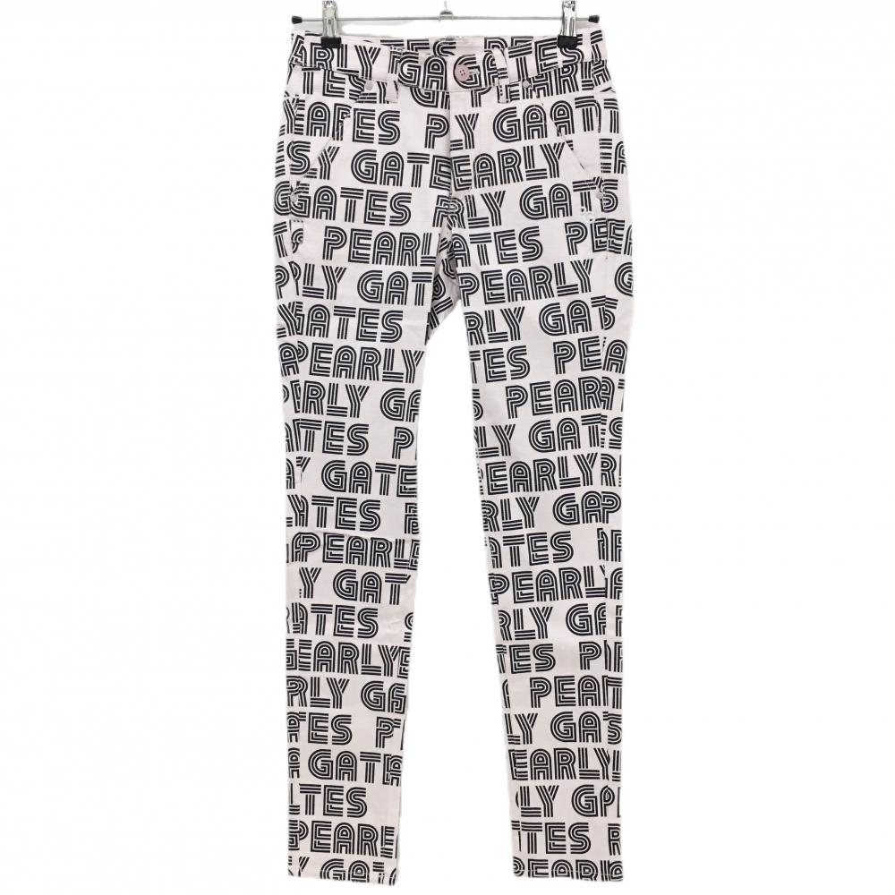 【新品】パーリーゲイツ パンツ ライトピンク×ダークネイビー ロゴ英字総柄 ボーダー織生地 レディース 0(S) ゴルフウェア PEARLY GATES