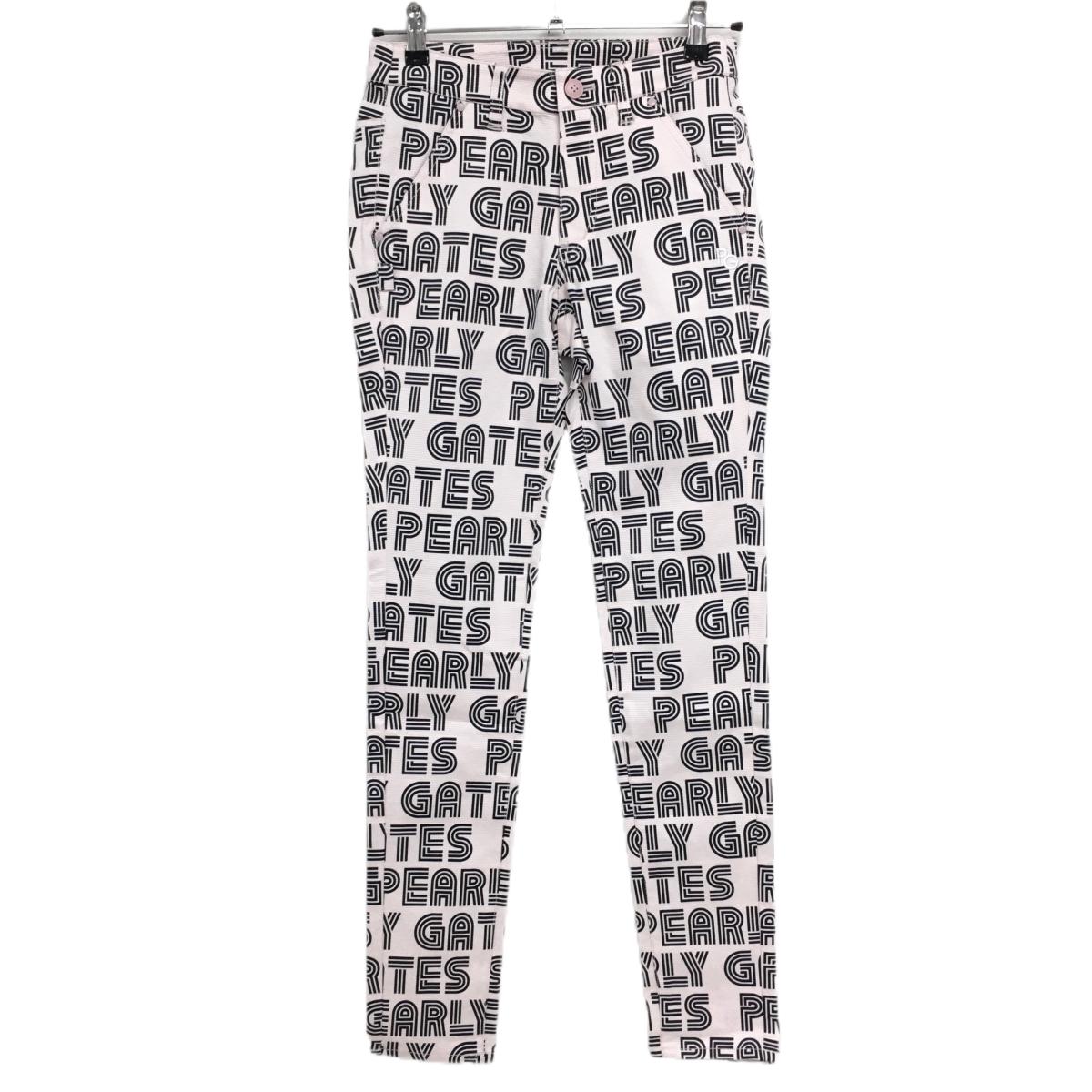 【新品】パーリーゲイツ パンツ ライトピンク×ダークネイビー ロゴ英字総柄 ボーダー織生地 レディース 0(S) ゴルフウェア PEARLY GATES