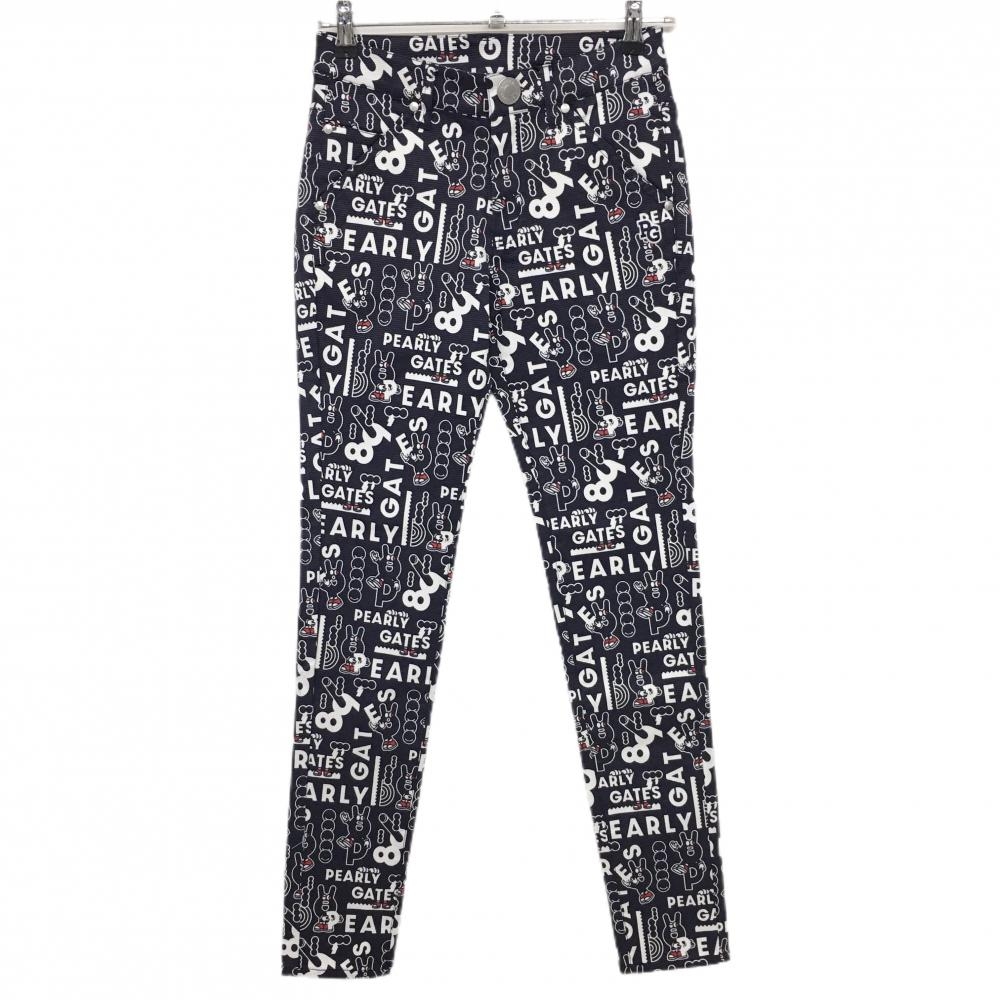 【新品】パーリーゲイツ パンツ ネイビー×白 ロゴ総柄 どうしちゃったPG ボーダー織生地 レディース 0(S) ゴルフウェア PEARLY GATES