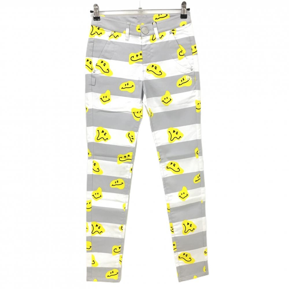 【新品】パーリーゲイツ パンツ 白×グレー×イエロー TOKE NIKO ボーダー ロゴ刺しゅう レディース 0(S) ゴルフウェア PEARLY GATES