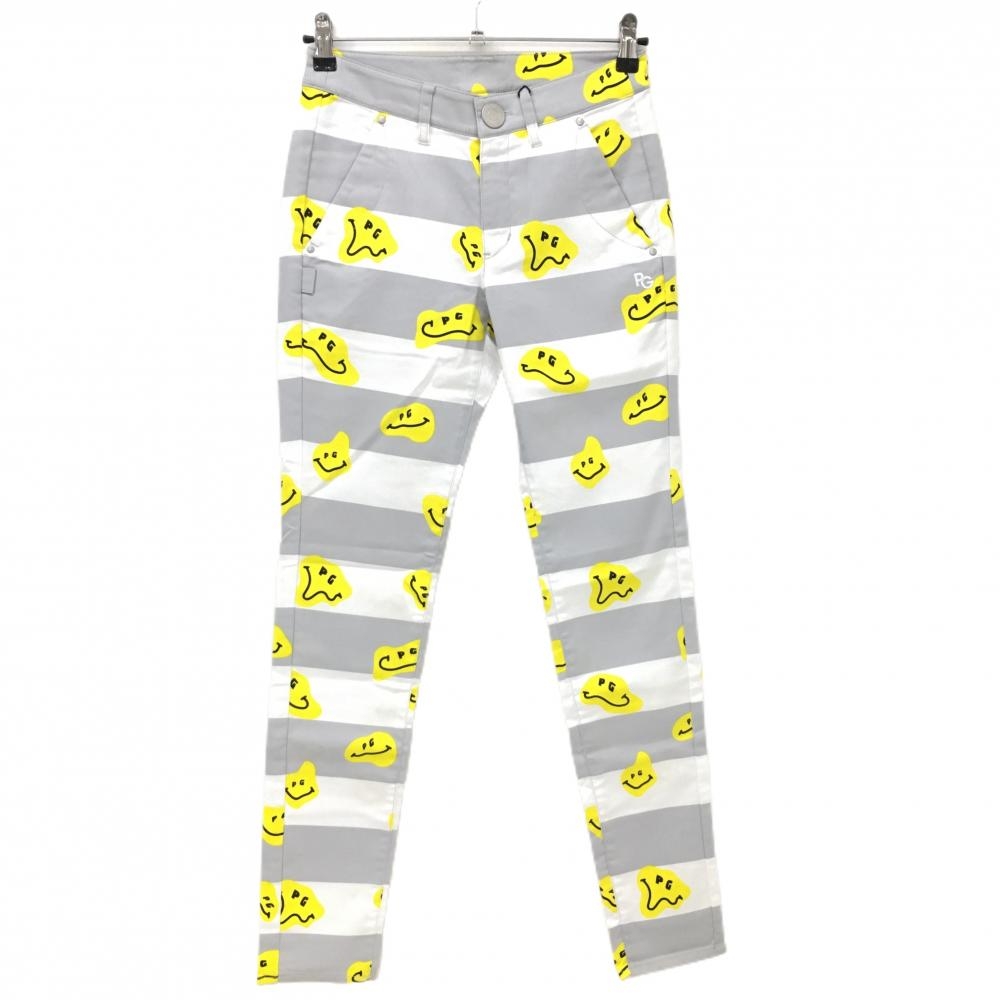 【新品】パーリーゲイツ パンツ 白×グレー×イエロー TOKE NIKO ボーダー ロゴ刺しゅう レディース 0(S) ゴルフウェア PEARLY GATES