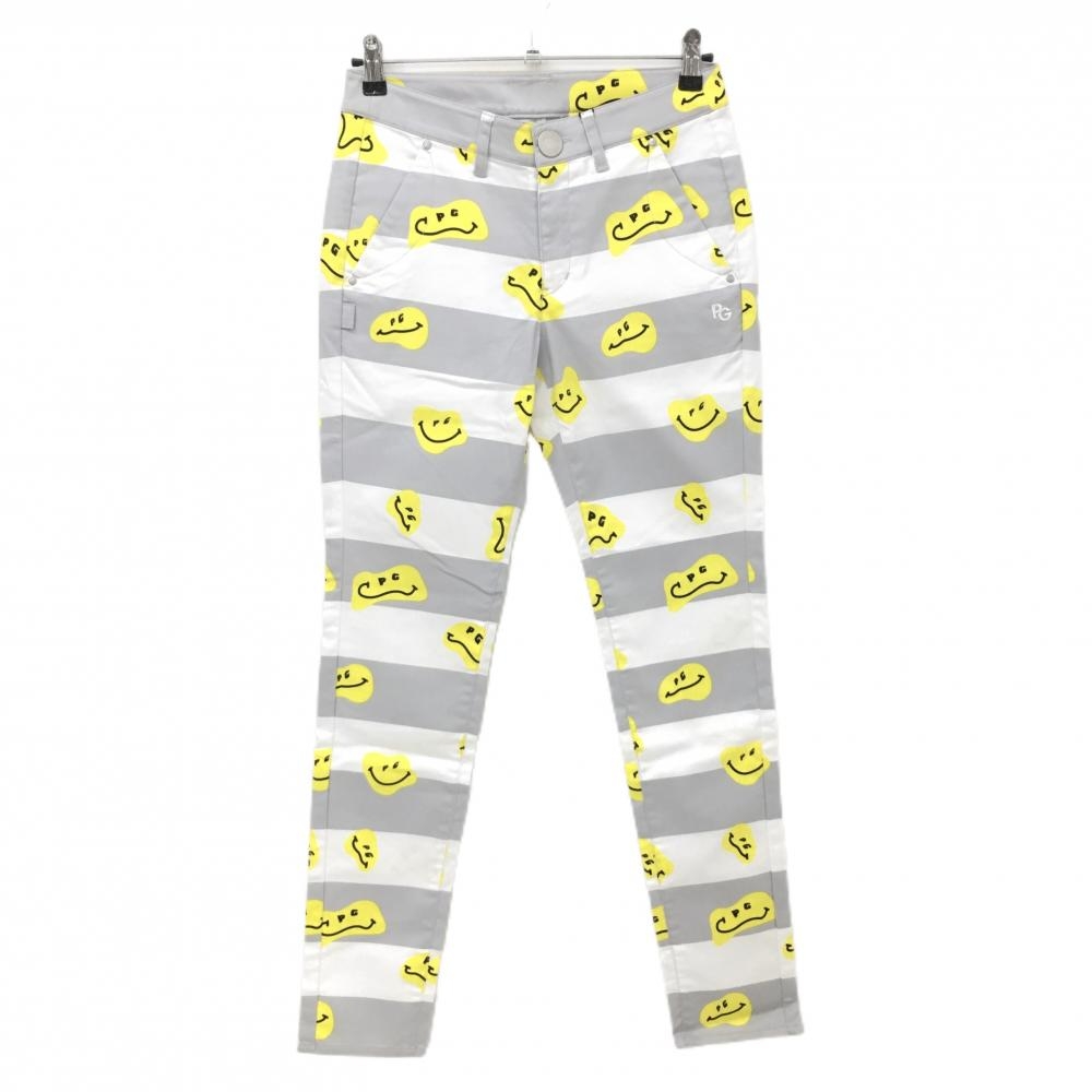 【新品】パーリーゲイツ パンツ 白×グレー×イエロー TOKE NIKO ボーダー ロゴ刺しゅう レディース 1(M) ゴルフウェア PEARLY GATES