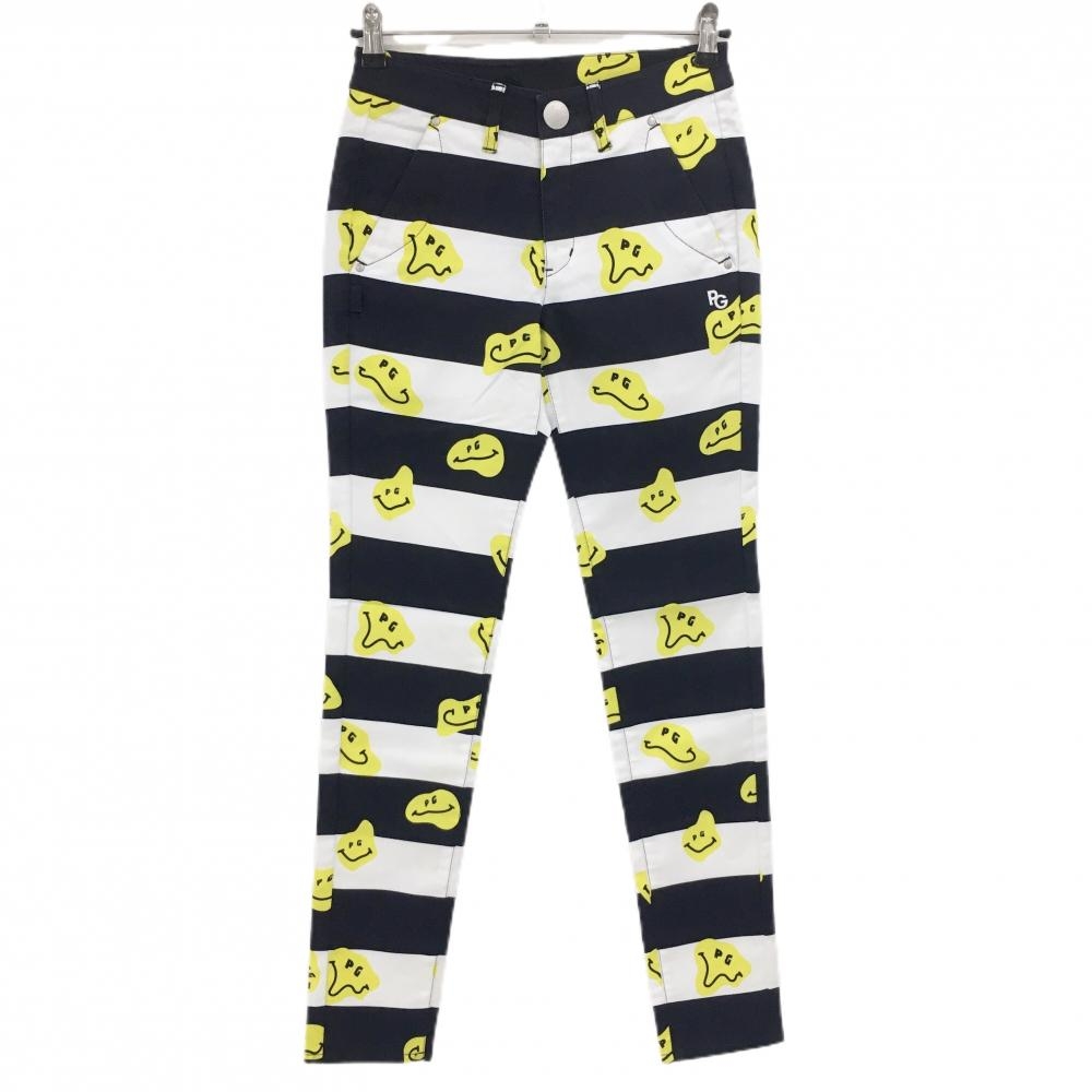 【新品】パーリーゲイツ パンツ 白×ネイビー×イエロー TOKE NIKO ボーダー ロゴ刺しゅう レディース 0(S) ゴルフウェア PEARLY GATES