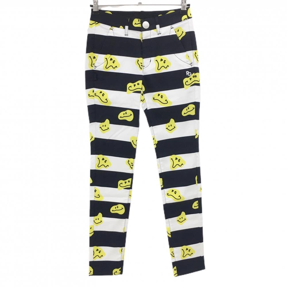 【新品】パーリーゲイツ パンツ 白×ネイビー×イエロー TOKE NIKO ボーダー ロゴ刺しゅう レディース 0(S) ゴルフウェア PEARLY GATES