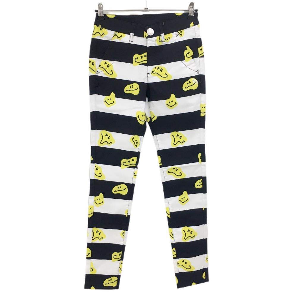 【新品】パーリーゲイツ パンツ 白×ネイビー×イエロー TOKE NIKO ボーダー ロゴ刺しゅう レディース 0(S) ゴルフウェア PEARLY GATES