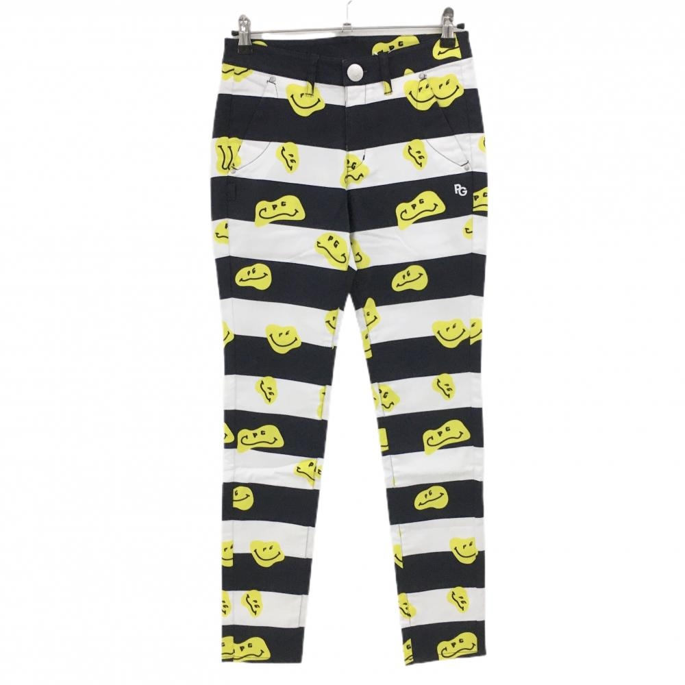 【新品】パーリーゲイツ パンツ 白×ネイビー×イエロー TOKE NIKO ボーダー ロゴ刺しゅう レディース 1(M) ゴルフウェア PEARLY GATES