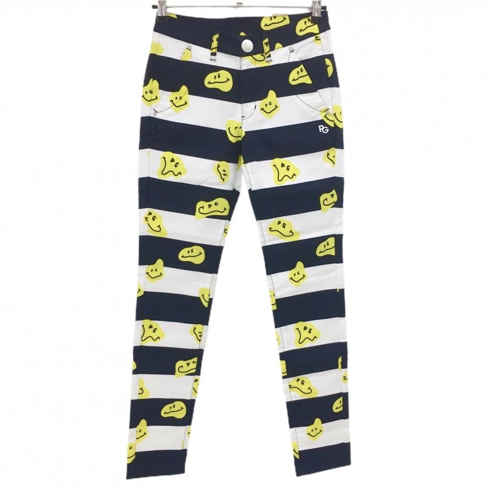 【新品】パーリーゲイツ パンツ 白×ネイビー×イエロー TOKE NIKO ボーダー ロゴ刺しゅう レディース 0(S) ゴルフウェア PEARLY GATES