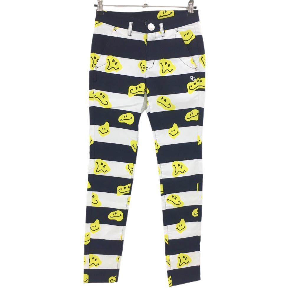 【新品】パーリーゲイツ パンツ 白×ネイビー×イエロー TOKE NIKO ボーダー ロゴ刺しゅう レディース 0(S) ゴルフウェア PEARLY GATES