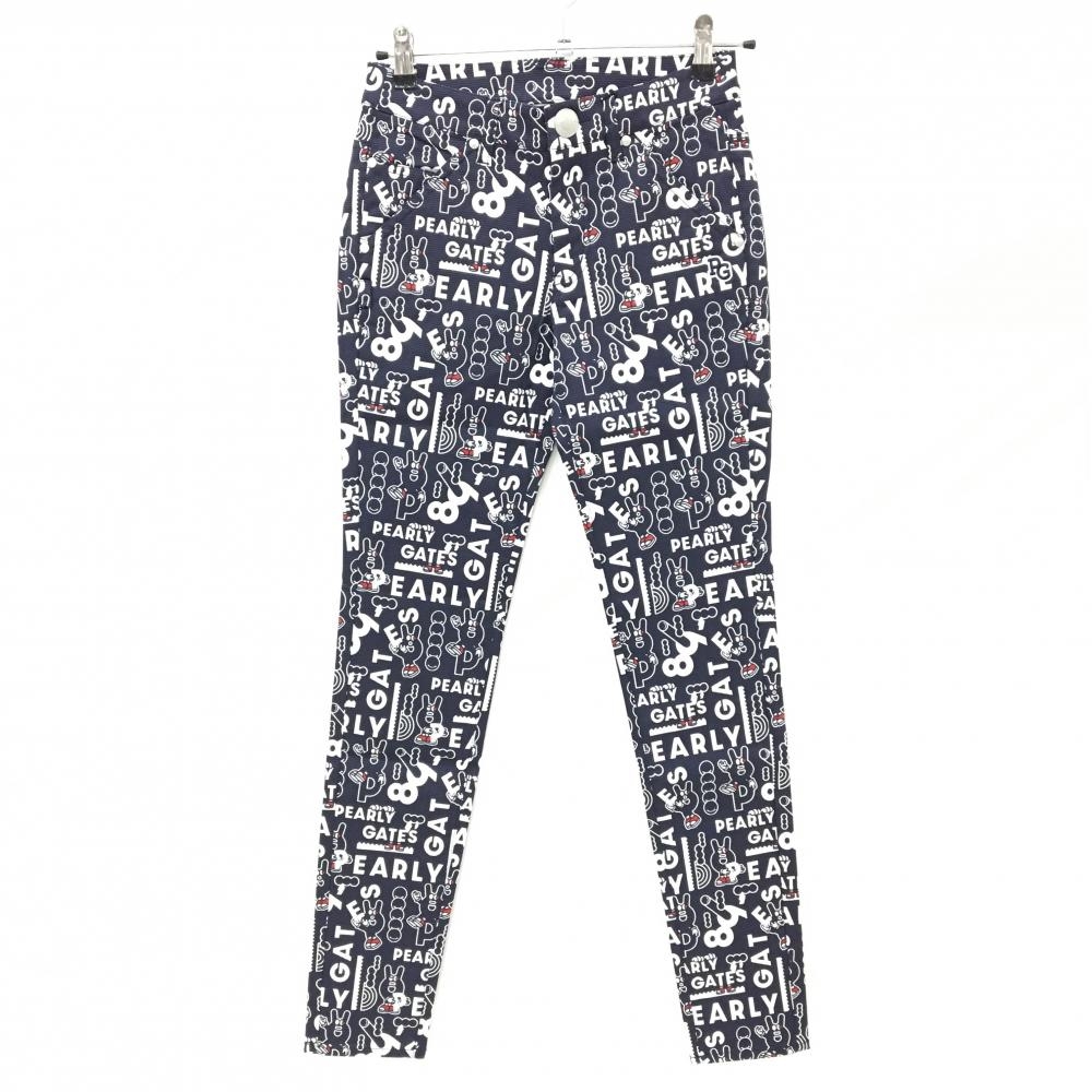 【新品】パーリーゲイツ パンツ ネイビー×白 ロゴ総柄 どうしちゃったPG レディース 0(S) ゴルフウェア PEARLY GATES