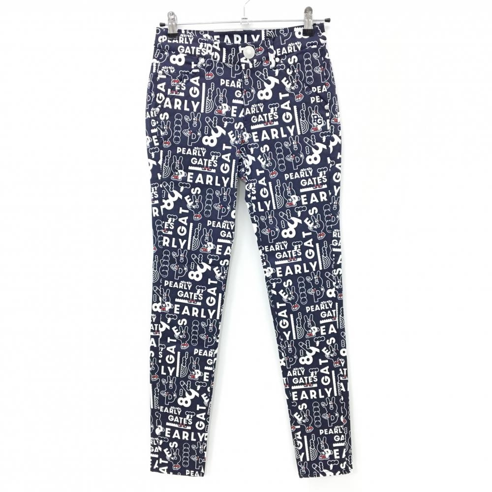 【新品】パーリーゲイツ パンツ ネイビー×白 ロゴ総柄 どうしちゃったPG レディース 0(S) ゴルフウェア PEARLY GATES