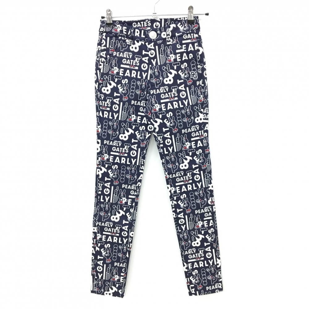【新品】パーリーゲイツ パンツ ネイビー×白 ロゴ総柄 どうしちゃったPG レディース 00(XS) ゴルフウェア PEARLY GATES