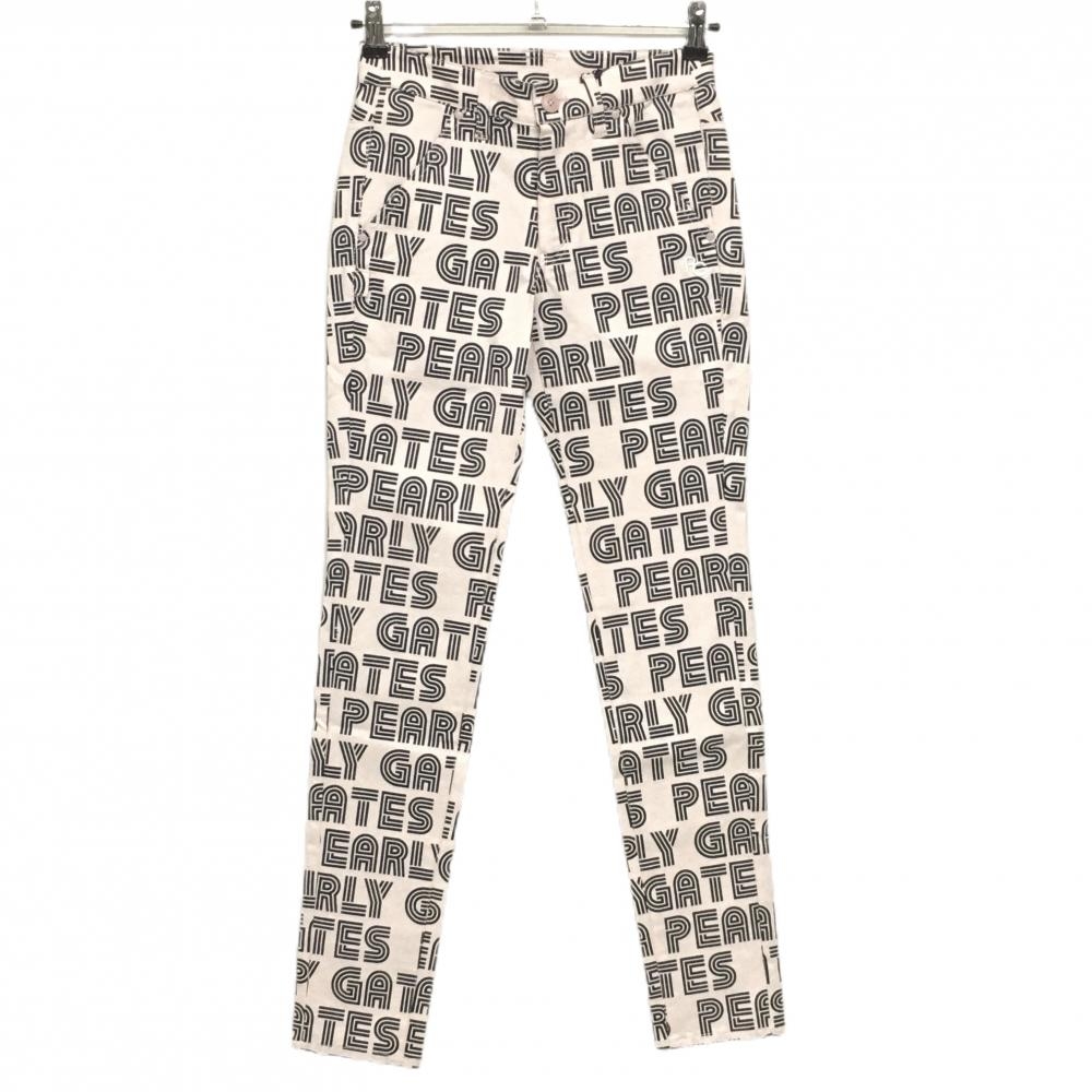 【新品】パーリーゲイツ パンツ ライトピンク×ダークネイビー ロゴ総柄 ボーダー織生地 レディース 00(XS) ゴルフウェア PEARLY GATES