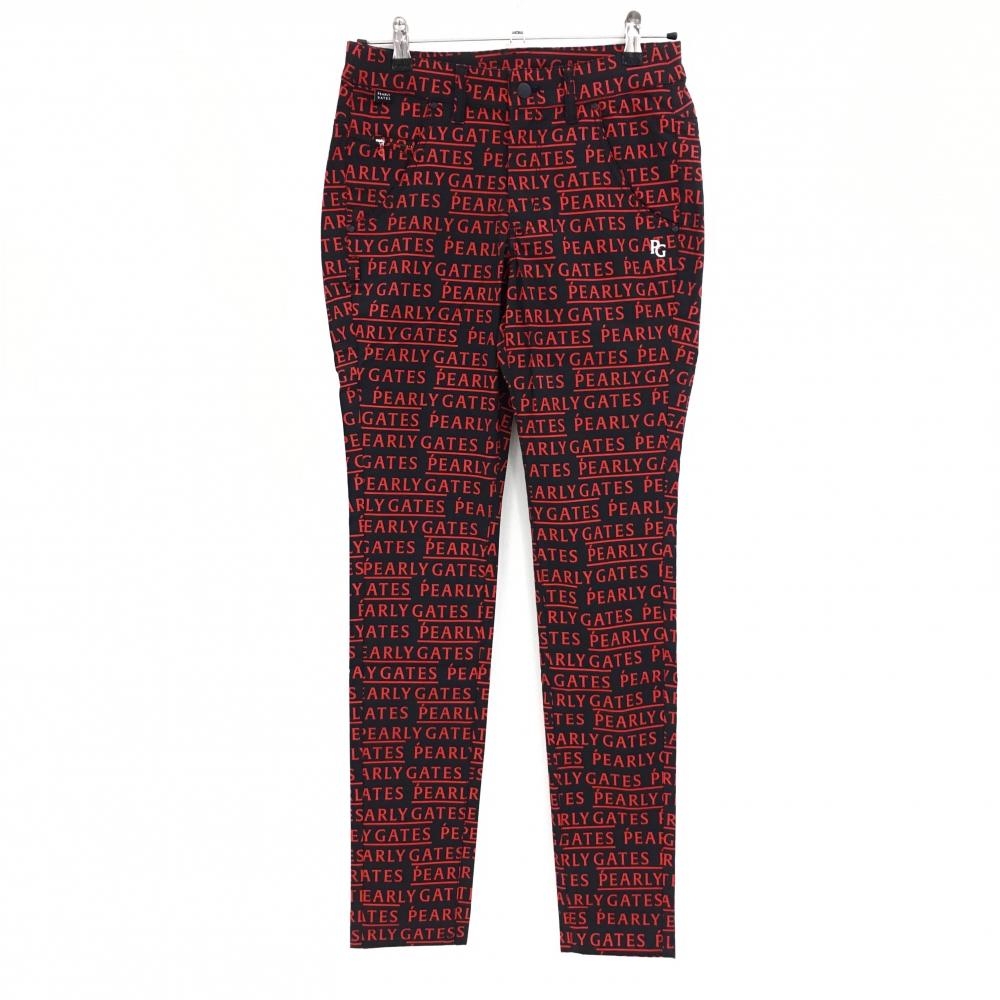 【新品】パーリーゲイツ パンツ 黒×レッド ロゴ総柄 刺しゅう白 レディース 0(S) ゴルフウェア PEARLY GATES
